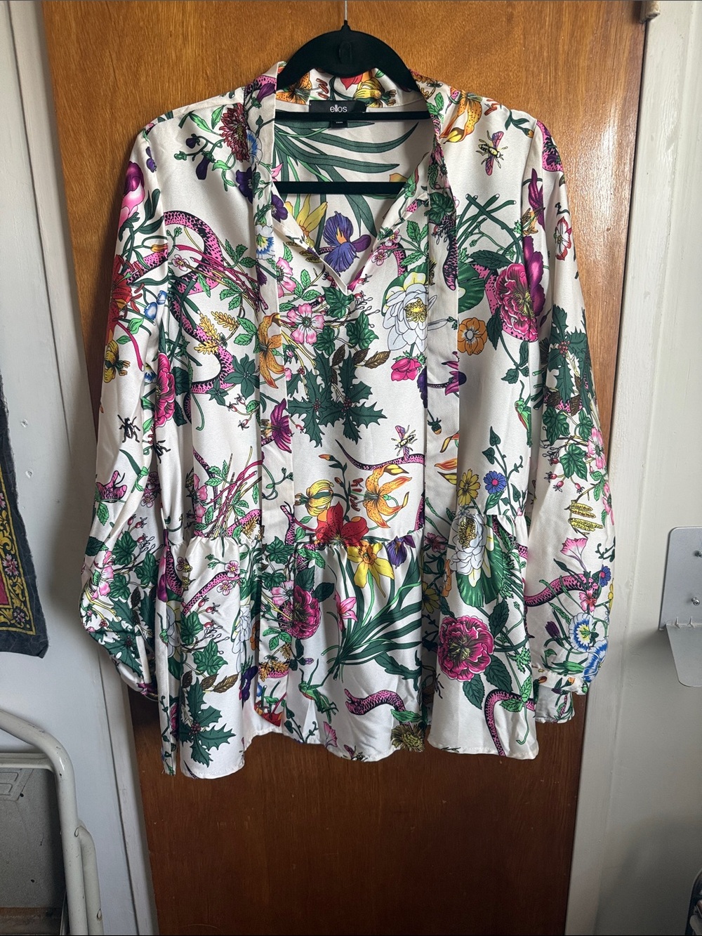 ellos White Floral Print Blouse with Green and Pink Accents